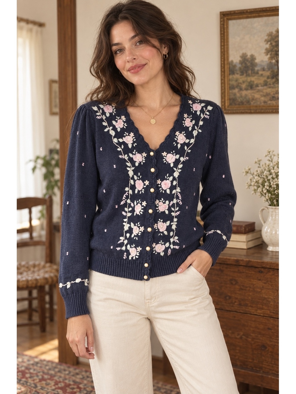 Vintage Floral Embroidered Cardigan Worthington Navy Cottagecore Sweater M